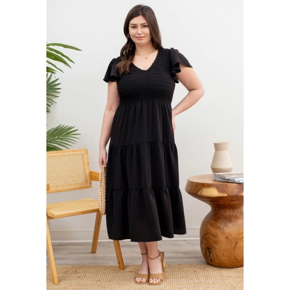 Perch by Blu Pepper Midi Dress Womens 1X Black NWOT V-Neck Smocked Tiered